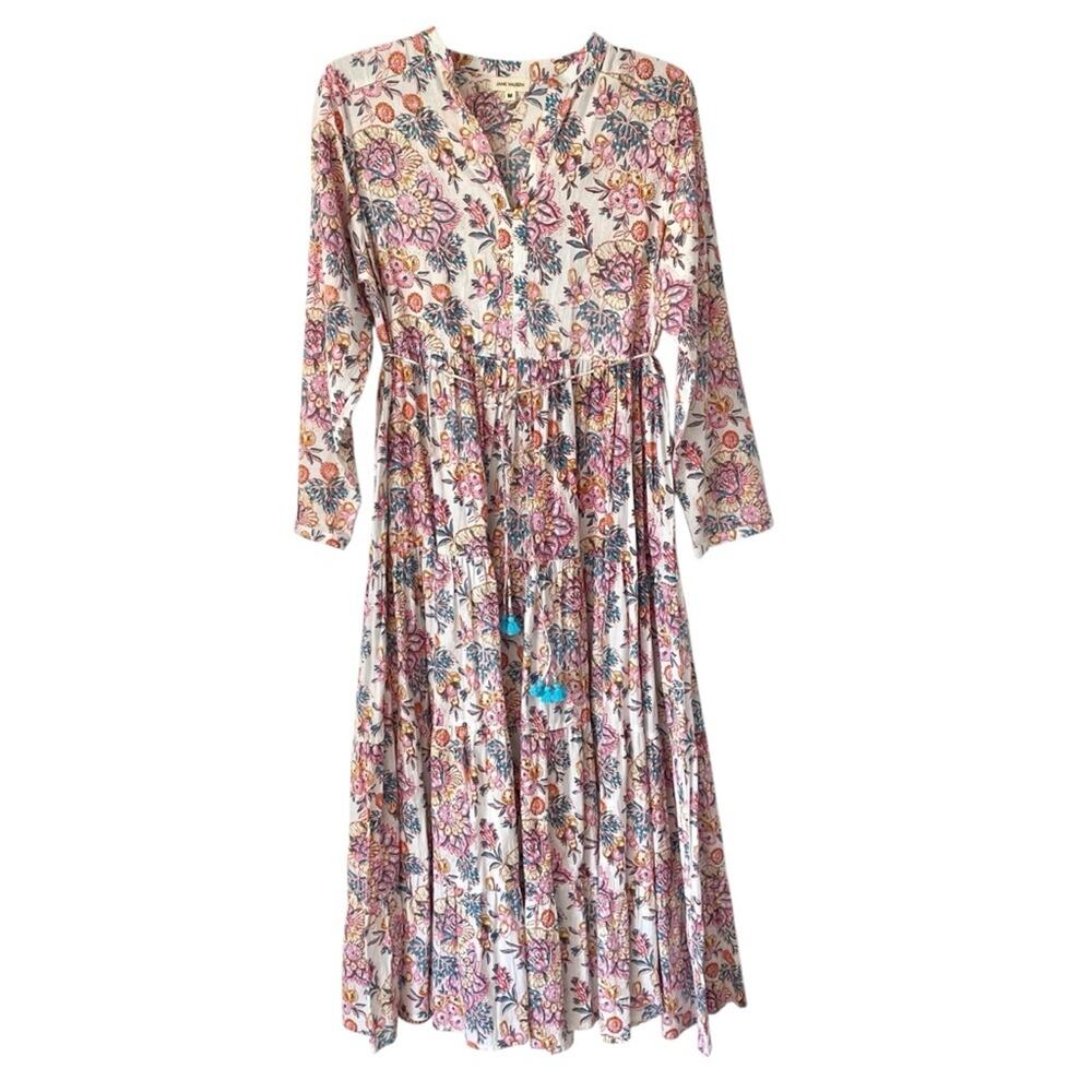Jane Valken India Made Cotton Pink White Blue Tiered Midi Dress size medium